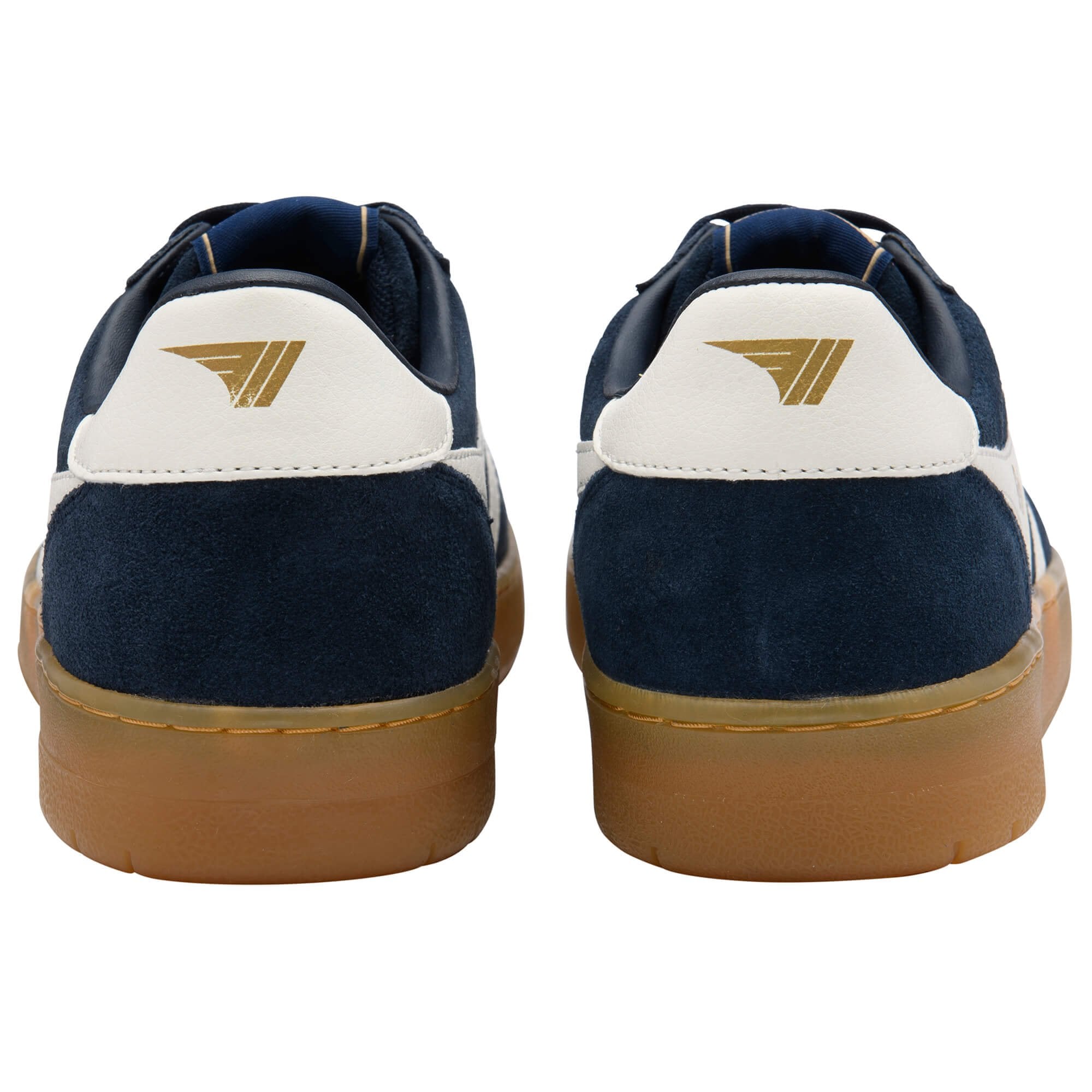 Navy and white trainers with a gold logo on a white background