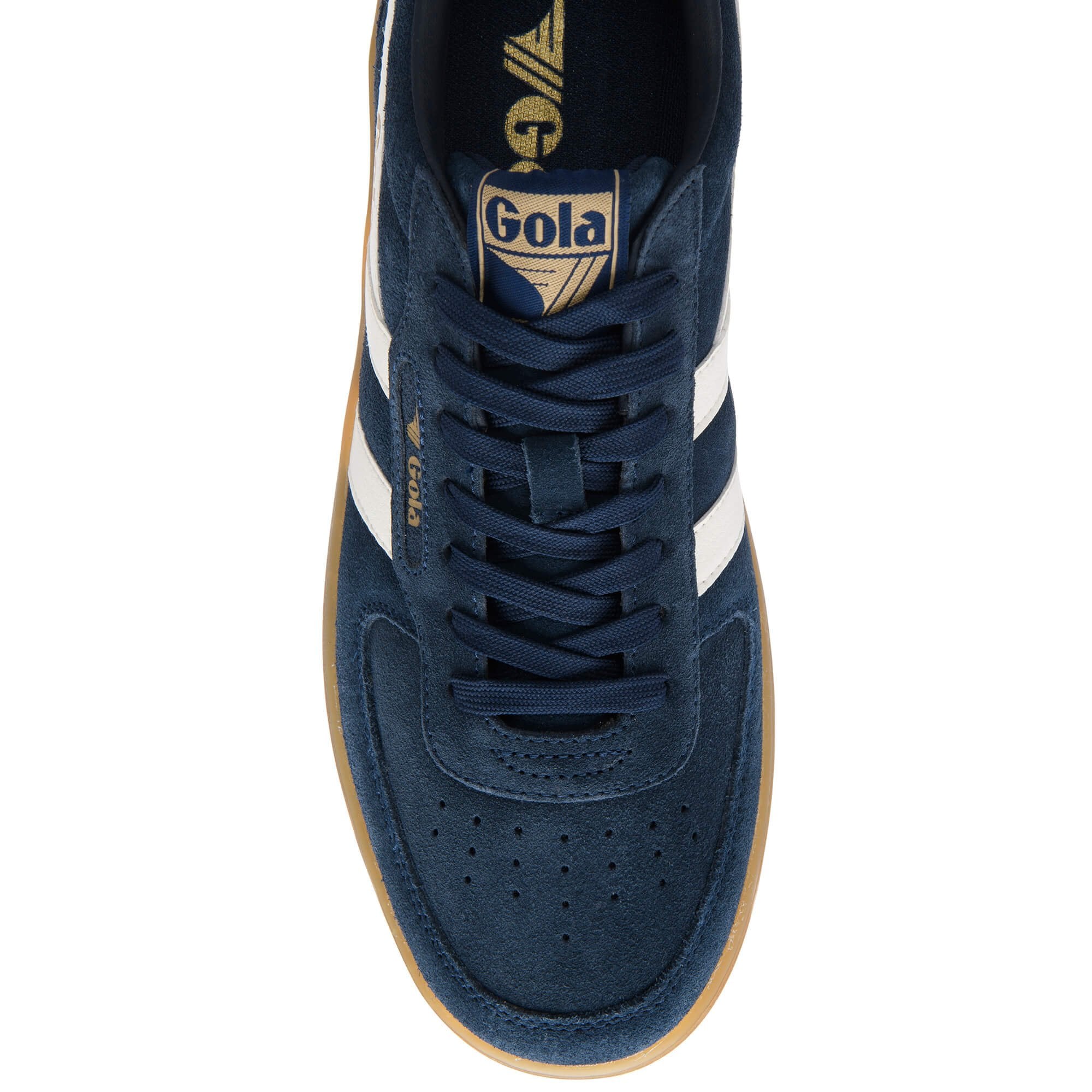 Navy blue trainer with white accents and Gola logo on a white background