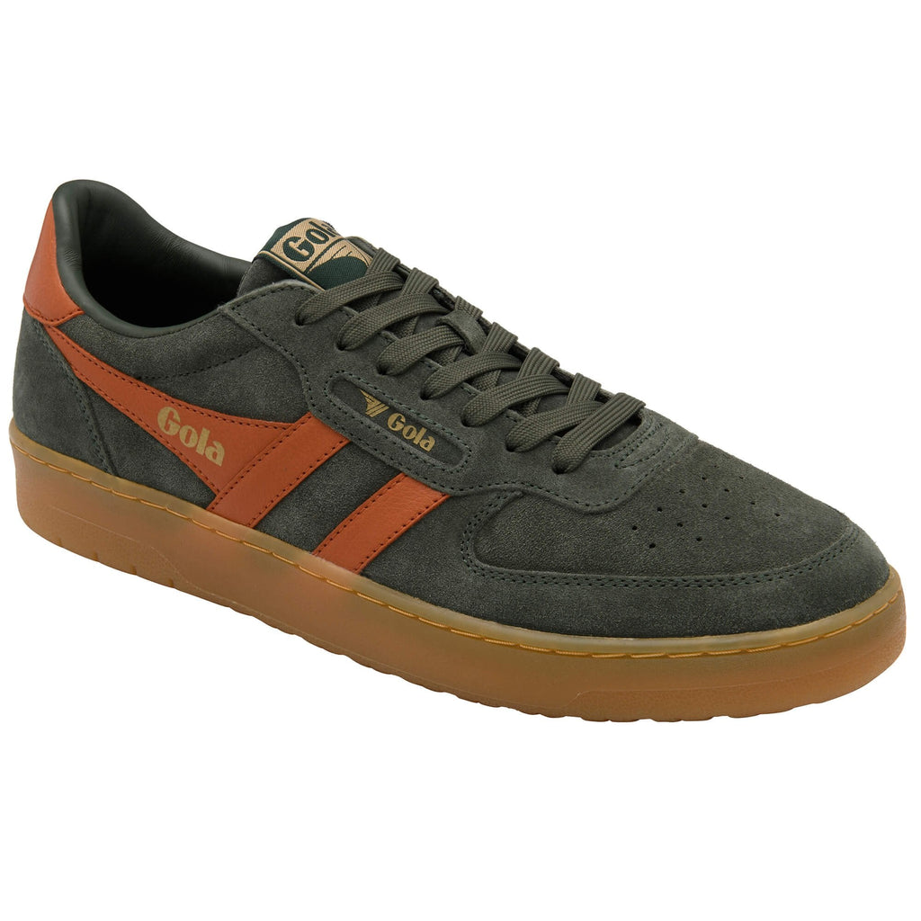 Gola men's trainer in dark green suede with orange stripes and a gum sole