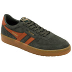 Gola men's trainer in dark green suede with orange stripes and a gum sole