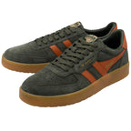 Pair of Gola trainers in dark green suede with orange stripes and brown rubber soles