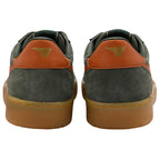 Pair of grey and brown trainers with a brand logo on a white background