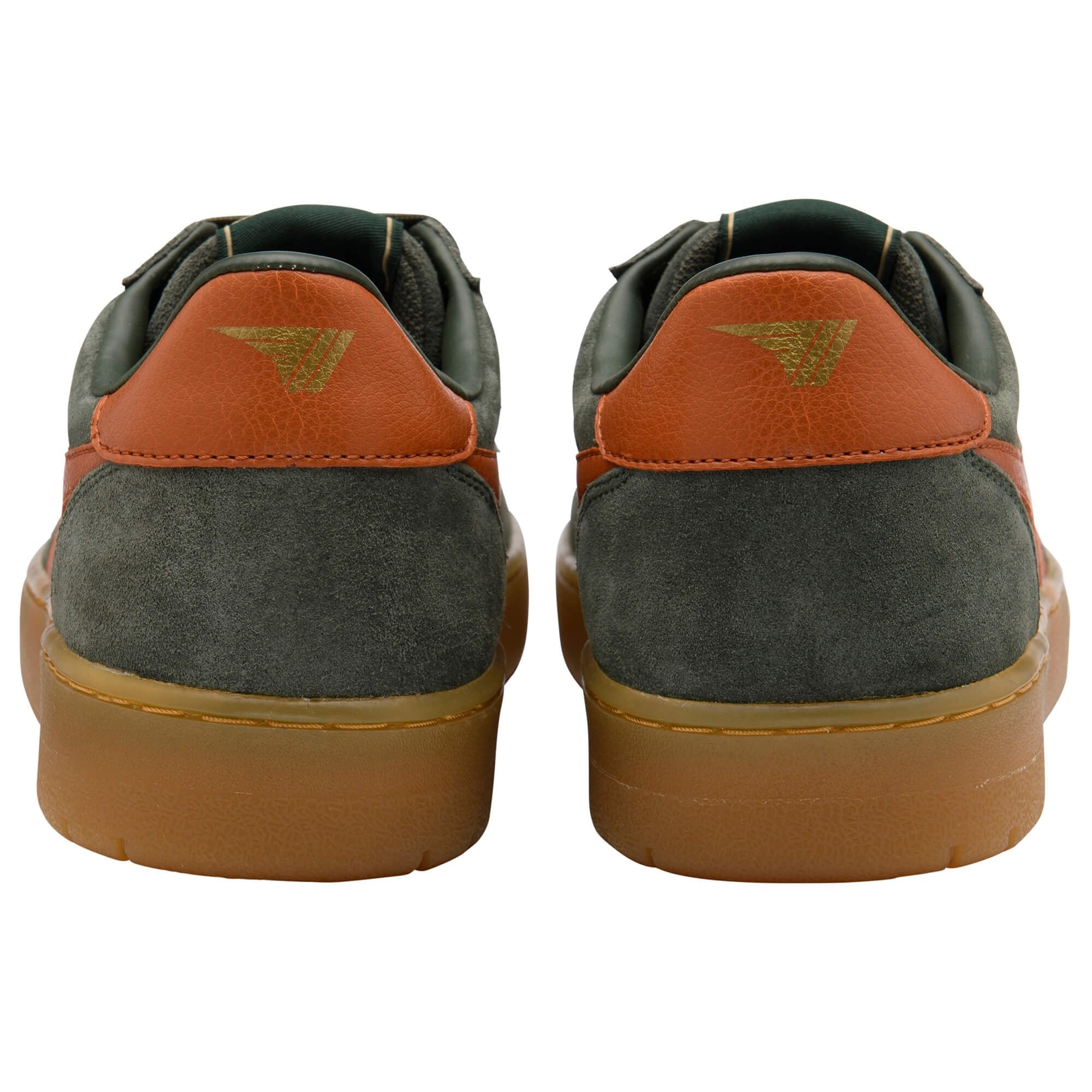 Pair of grey and brown trainers with a brand logo on a white background