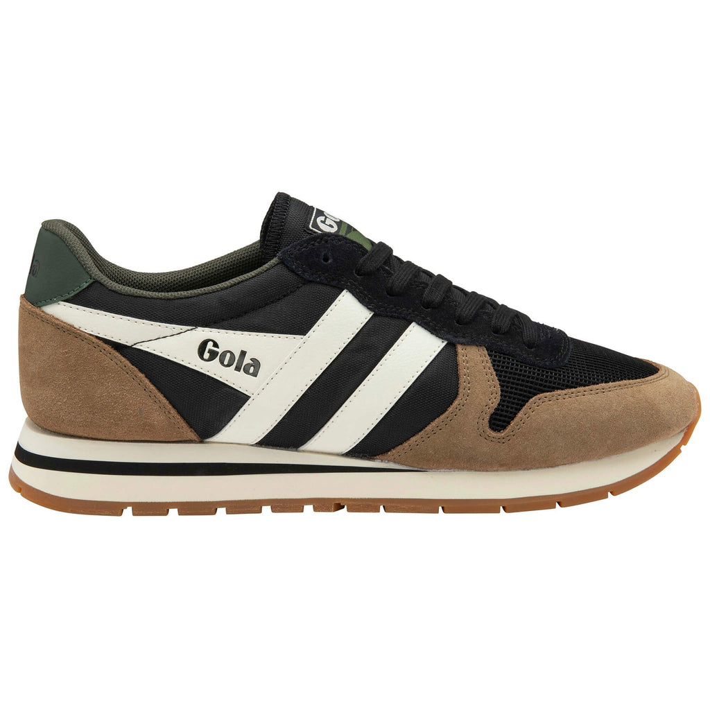 Trainer with black, white, and brown colour scheme on a white background