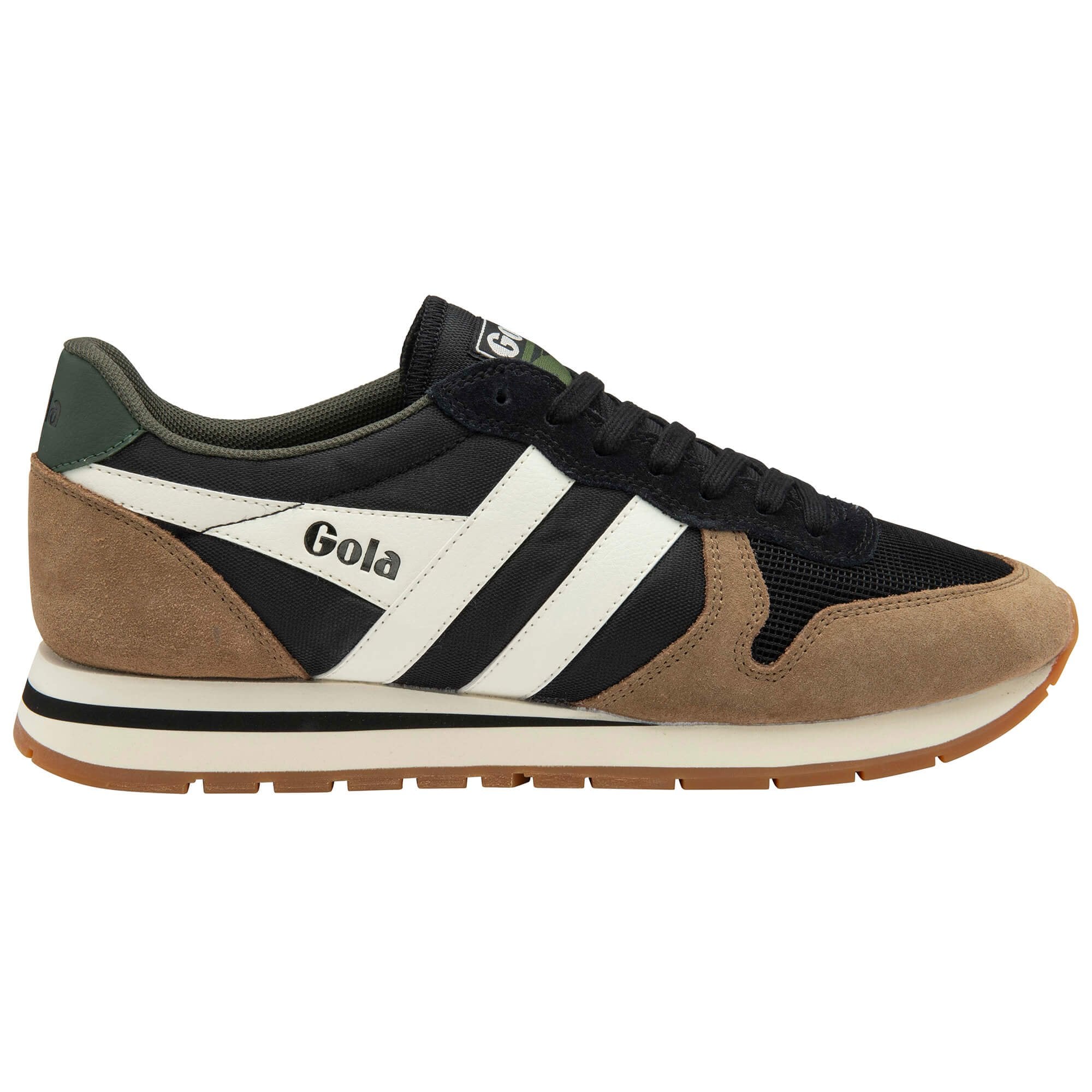 Trainer with black, white, and brown colour scheme on a white background