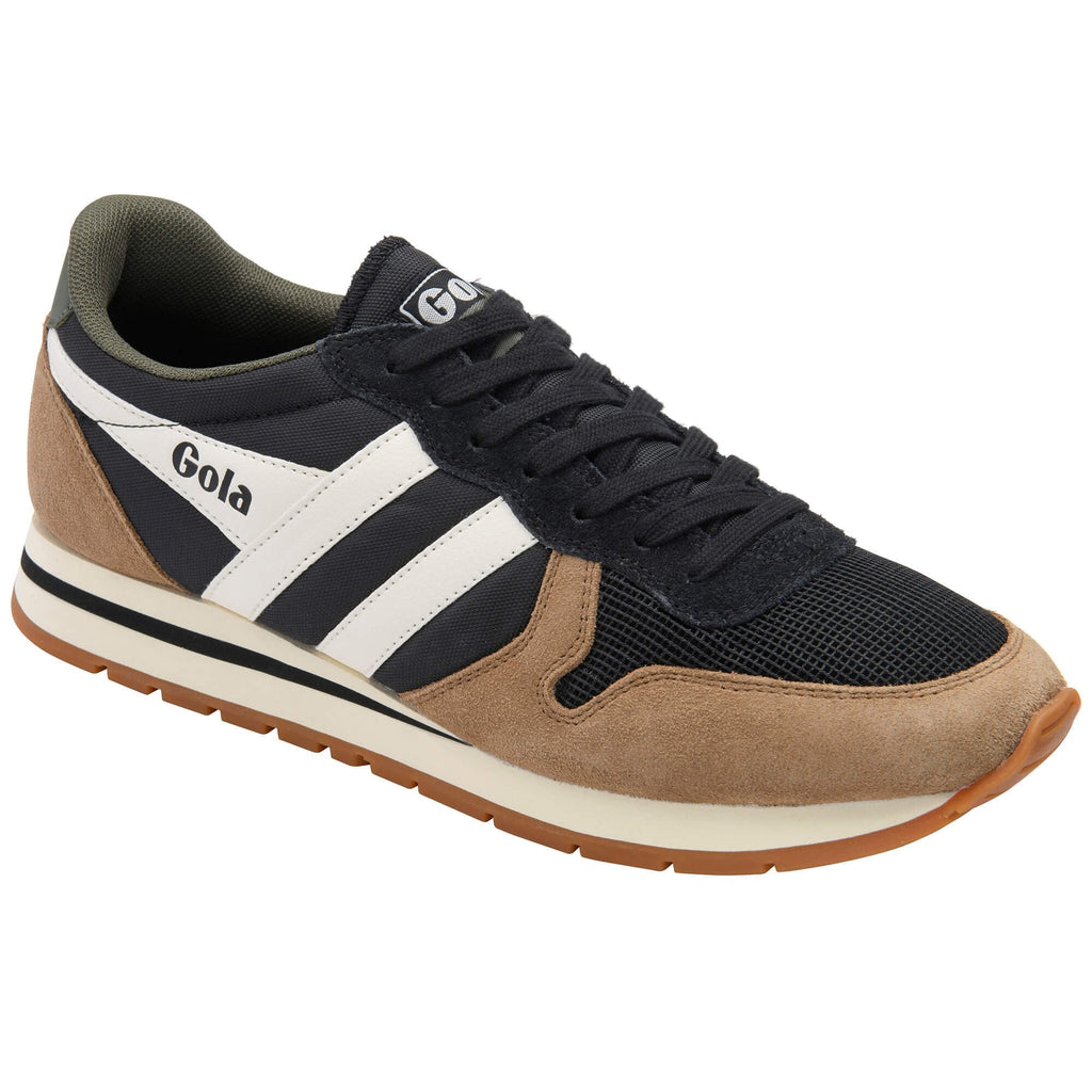 Brown and black trainer with white stripes on a white background