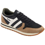 Brown and black trainer with white stripes on a white background