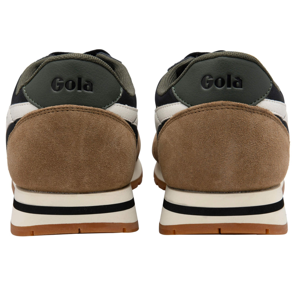 Back view of Gola trainers with brown soles and white stripes on a white background
