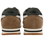 Back view of Gola trainers with brown soles and white stripes on a white background