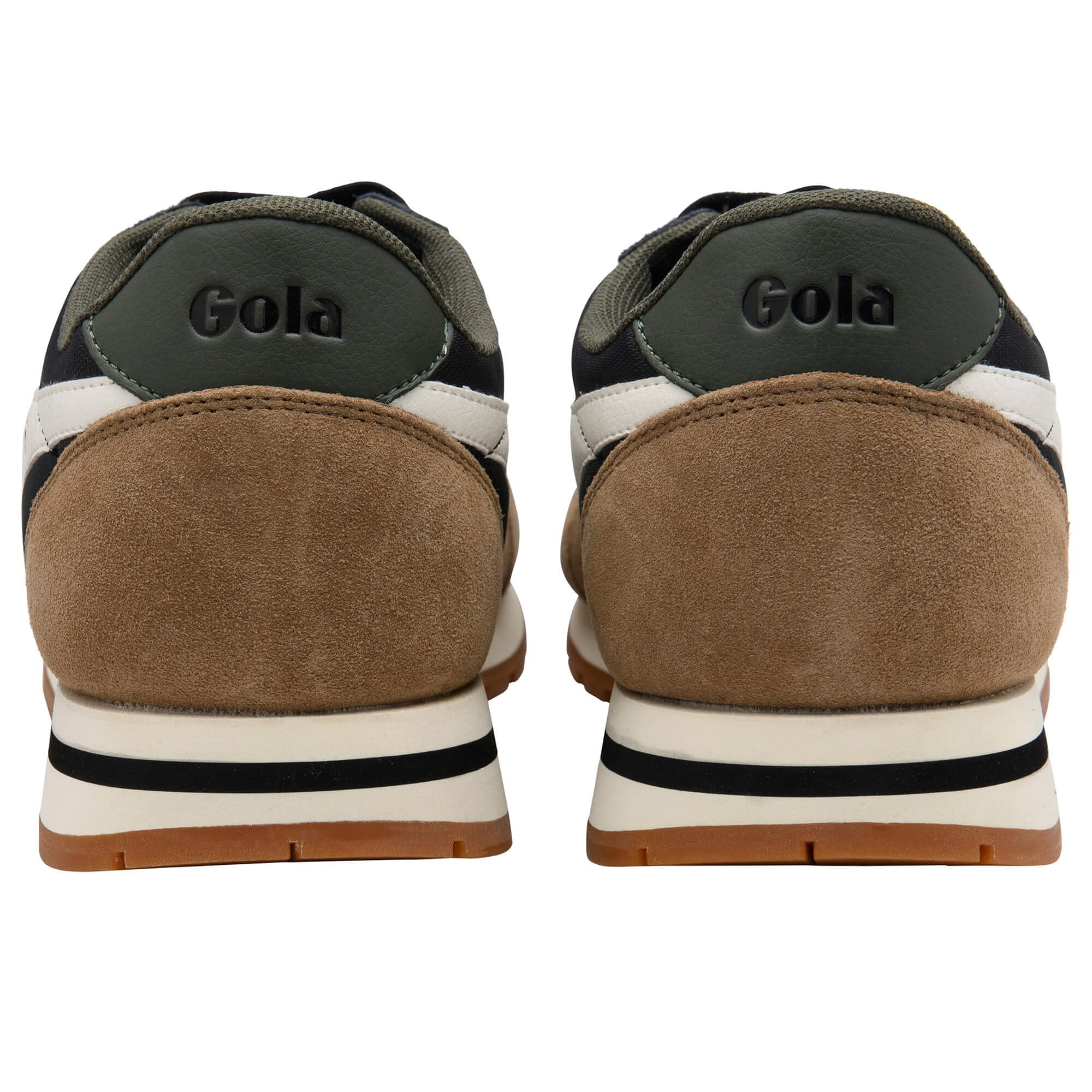 Back view of Gola trainers with brown soles and white stripes on a white background