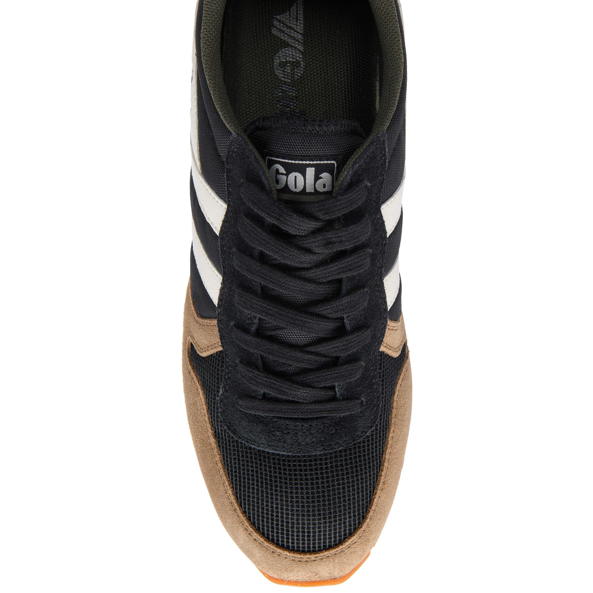 Black and brown trainer with white stripe on a white background