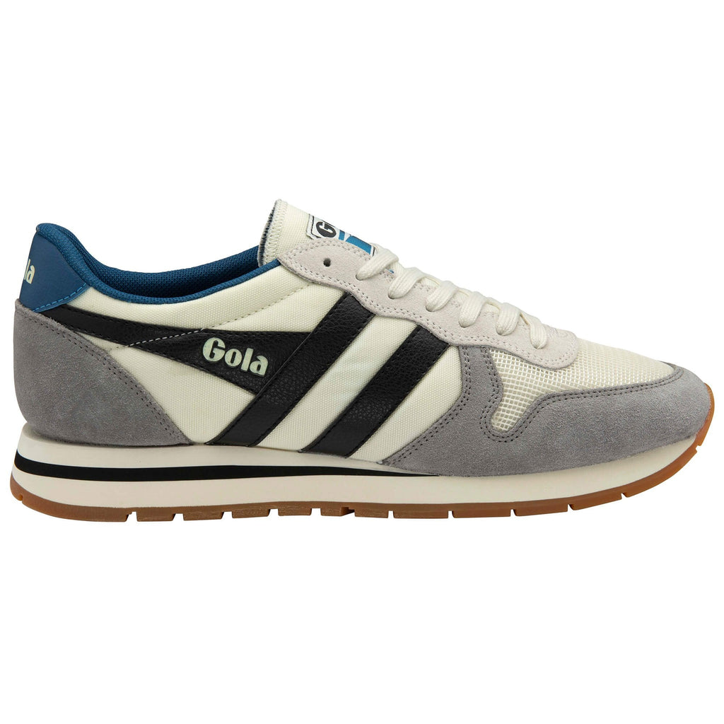 Gola men's trainer in off-white, grey, and black with blue trim