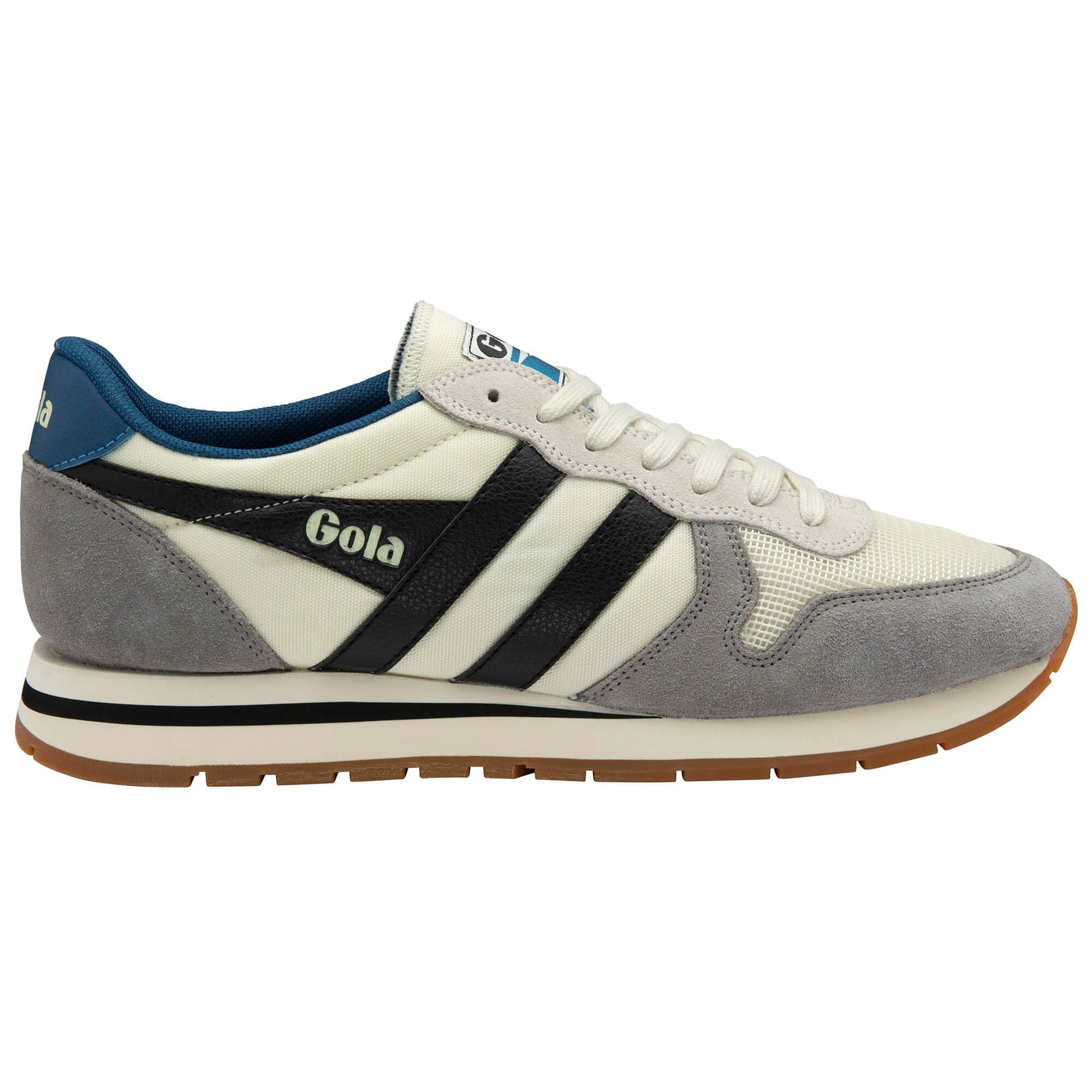 Gola men's trainer in off-white, grey, and black with blue trim