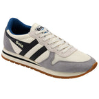 Grey and white trainer with black stripes on a white background