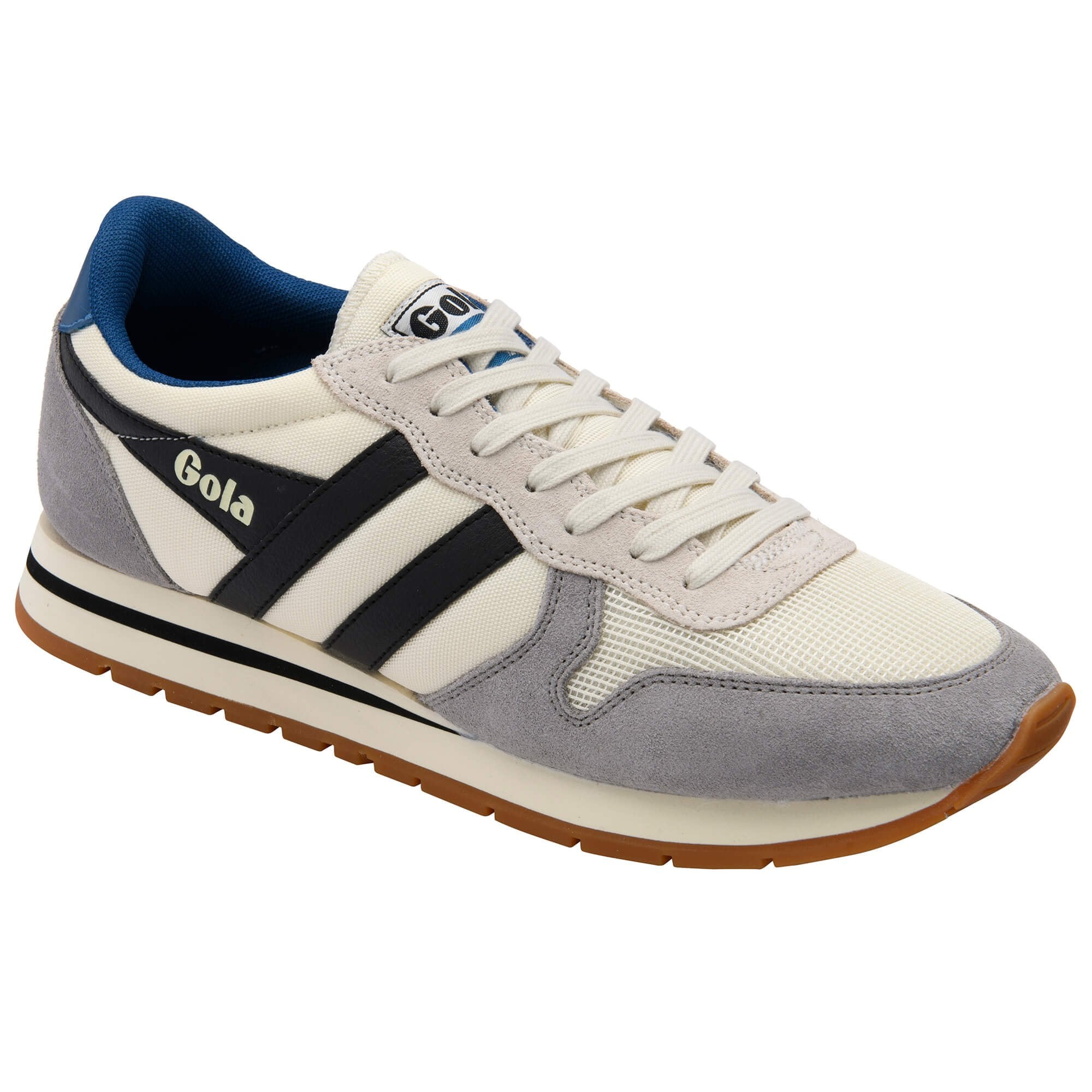 Grey and white trainer with black stripes on a white background