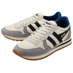Pair of white and grey trainers with black stripes on a white background