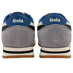Back view of grey trainers with blue and white accents and 'Gola' branding.