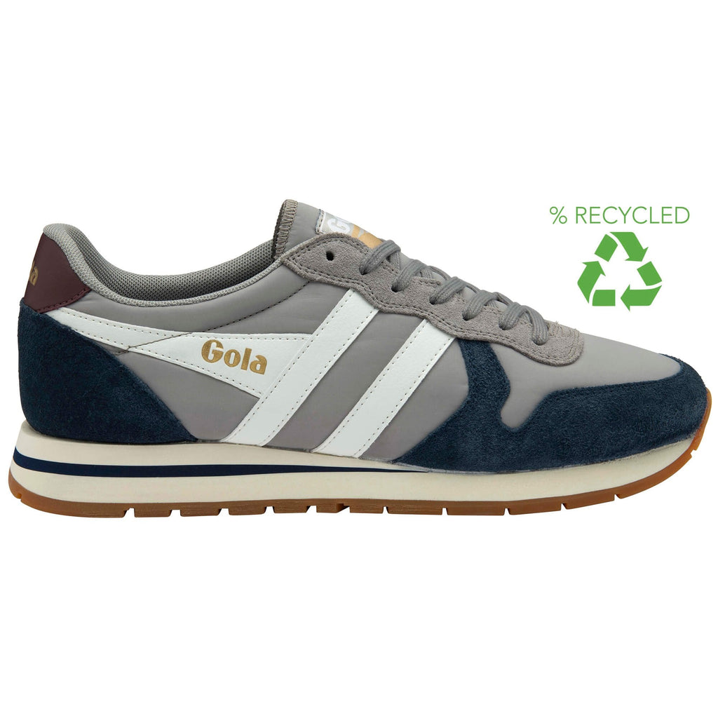 Grey and navy Gola trainer with a recycled symbol on a white background