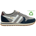 Grey and navy Gola trainer with a recycled symbol on a white background