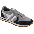 Grey and navy trainer with white accents on a white background