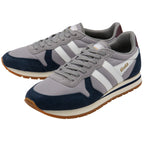 Grey and navy trainers with white stripes on a white background