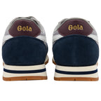 Pair of Gola trainers, rear view, with navy suede, white and grey uppers, and a maroon heel tab with gold Gola logo