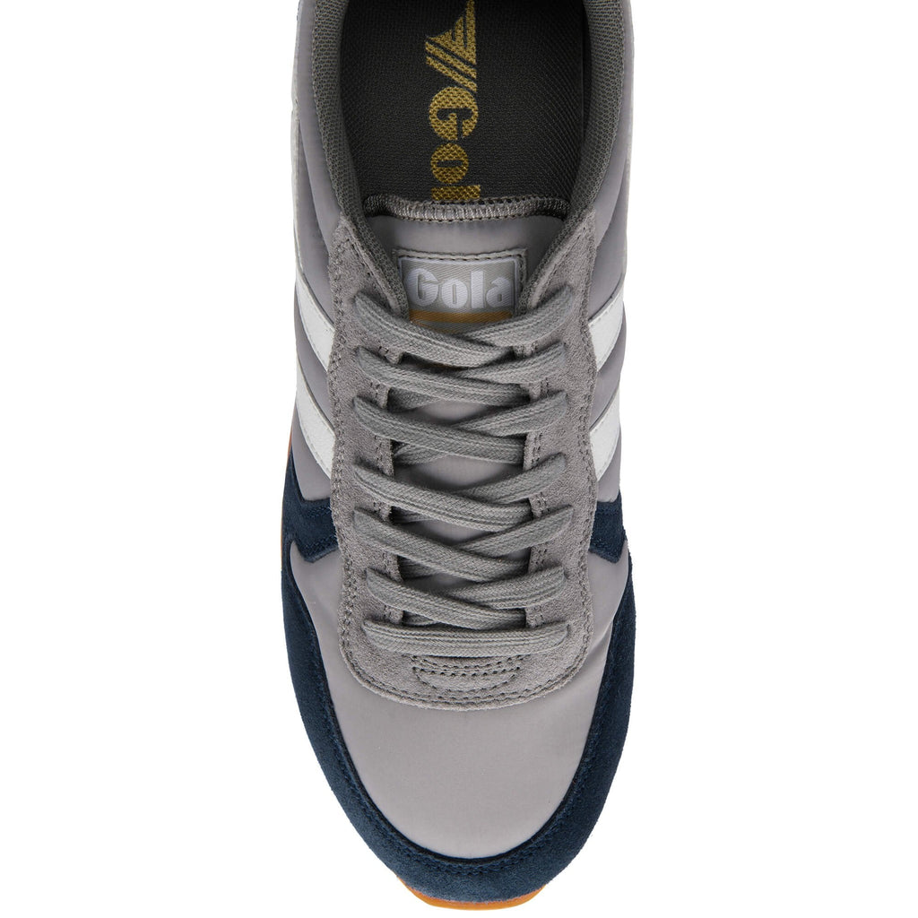 Top down view of a grey and navy Gola trainer with white stripes and grey laces