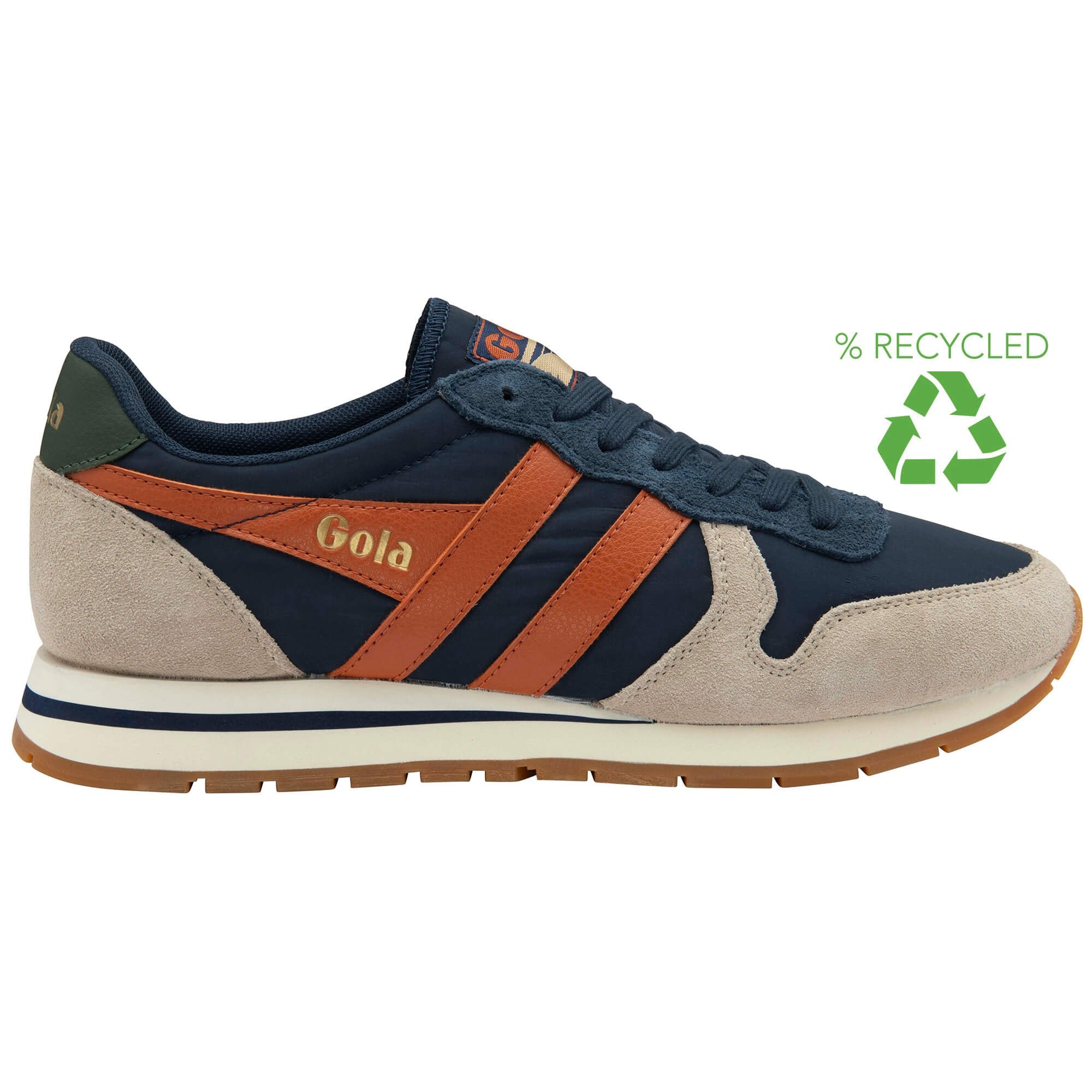 Navy and brown trainer with 'Gola' branding and a recycled symbol on a white background
