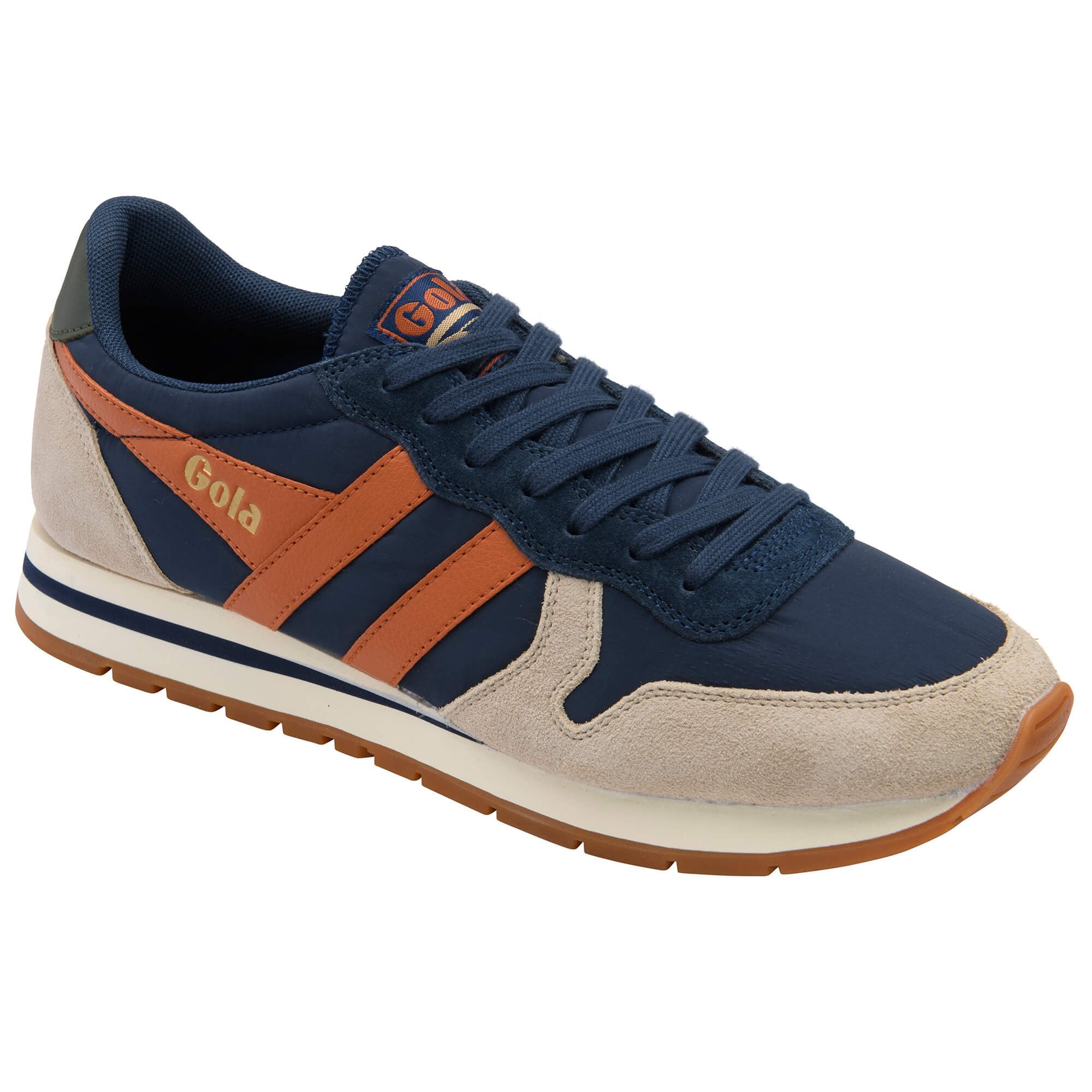 Gola men's trainer in navy, tan, and off-white with a gum sole