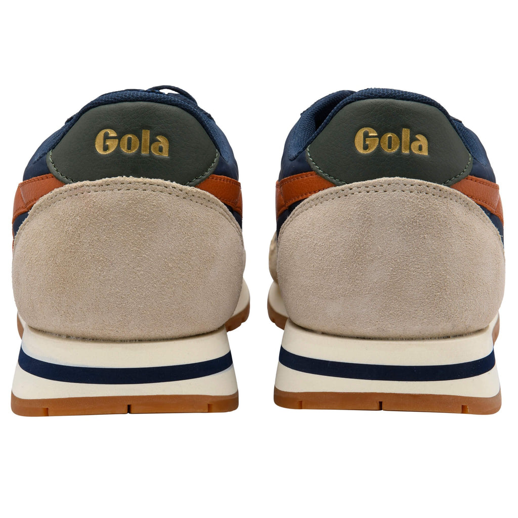 Back view of Gola trainers with beige soles and brown accents on a white background