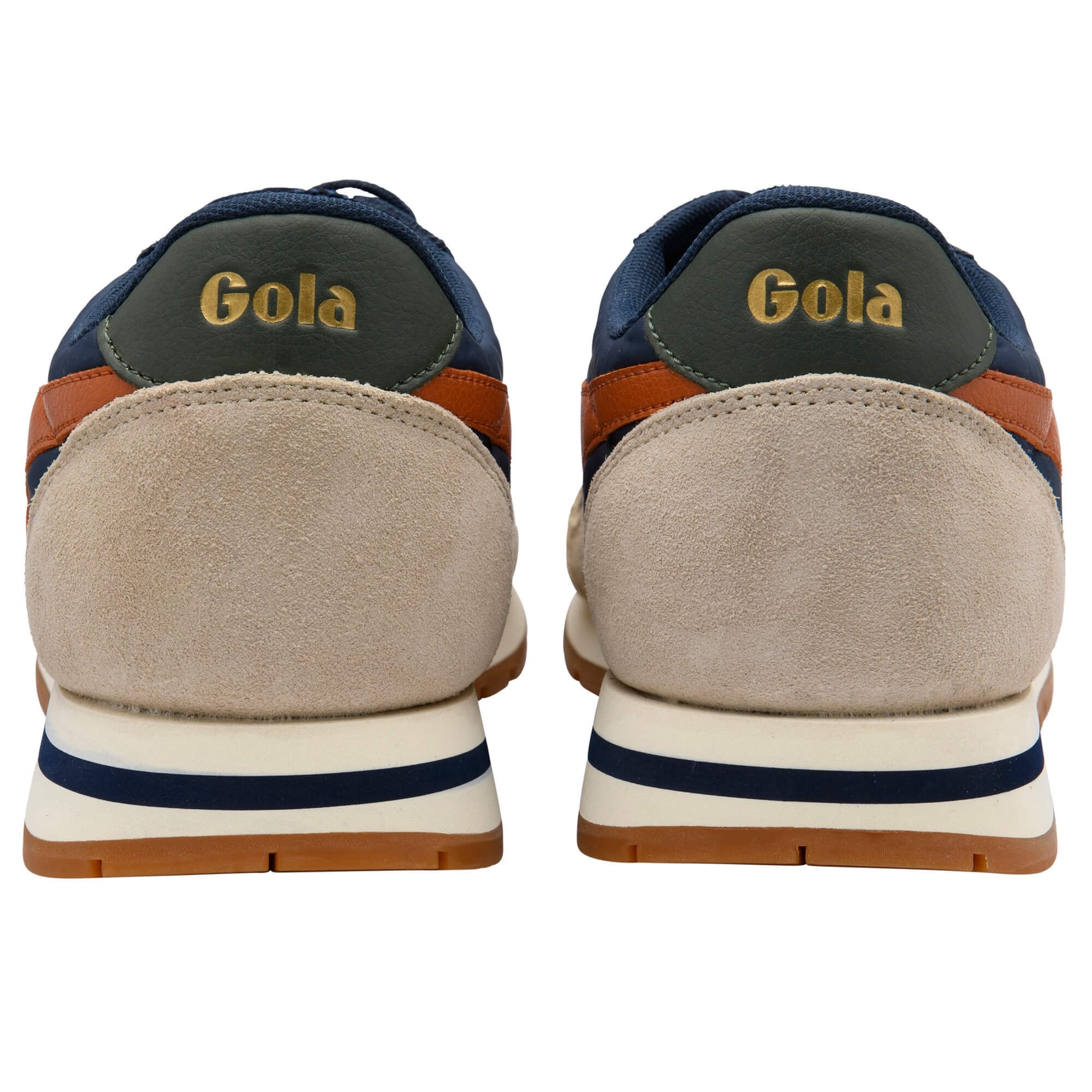 Back view of Gola trainers with beige soles and brown accents on a white background