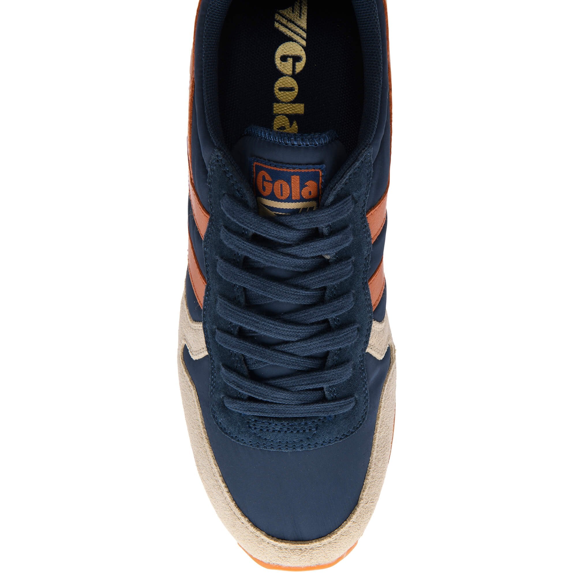 Navy blue trainer with orange accents on a white background