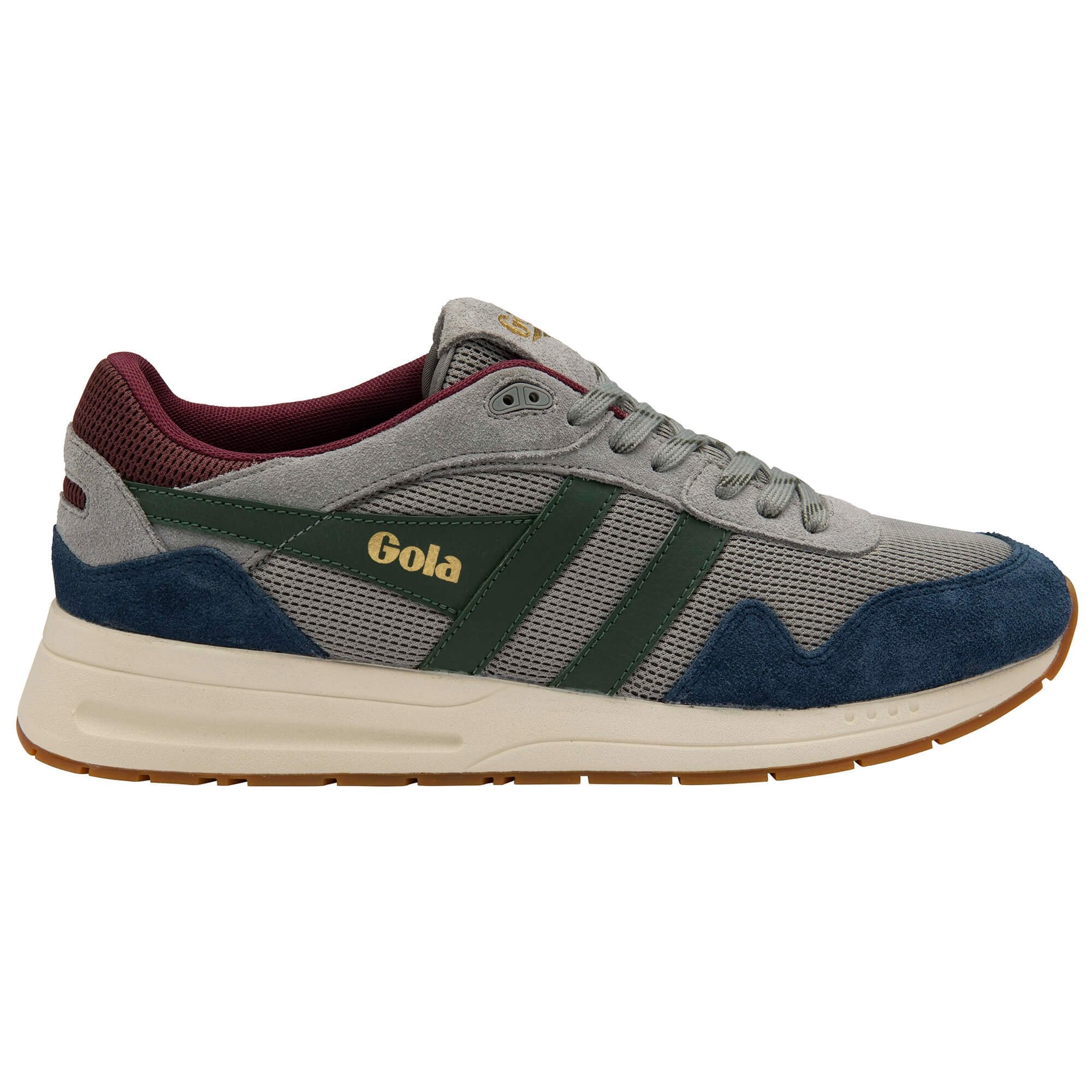 Grey and blue trainer with Gola logo on a white background