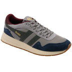 Grey and navy trainers on a white background