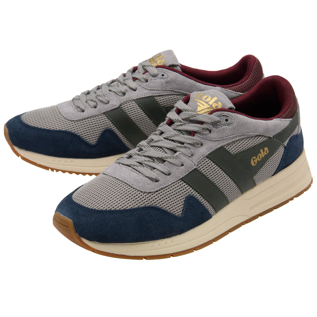 Pair of Gola sneakers, grey mesh and suede with navy blue toe and heel, dark green stripes, and maroon lining