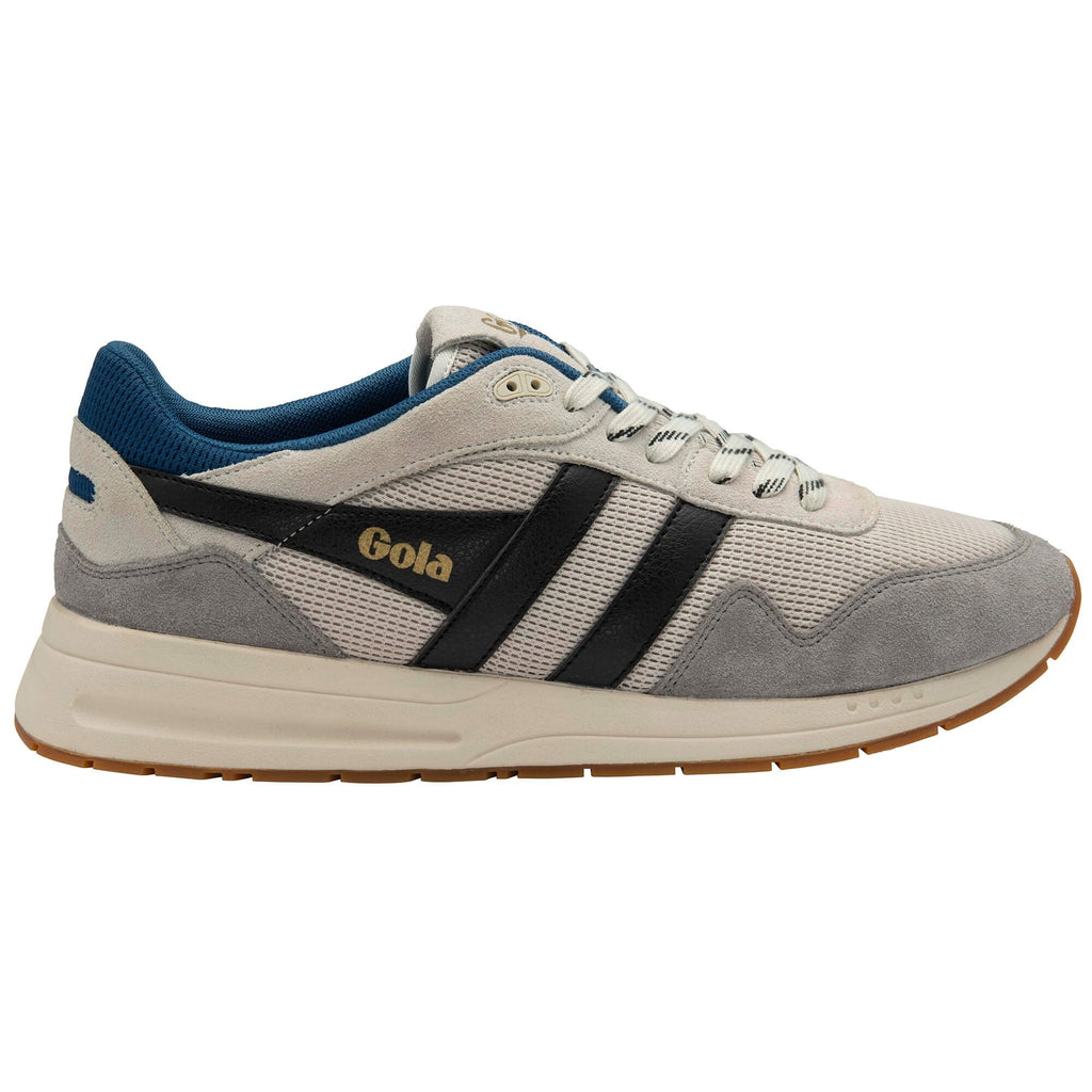 Grey and blue trainer with black accents on a white background
