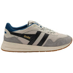 Grey and blue trainer with black accents on a white background