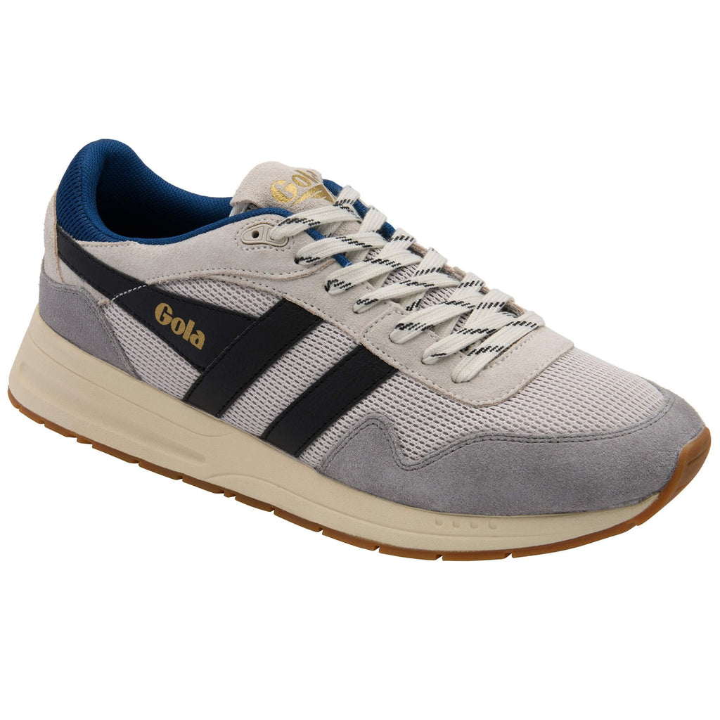 Gola men's trainer in off-white, grey, and blue with black stripes and a tan sole
