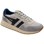 Gola men's trainer in off-white, grey, and blue with black stripes and a tan sole