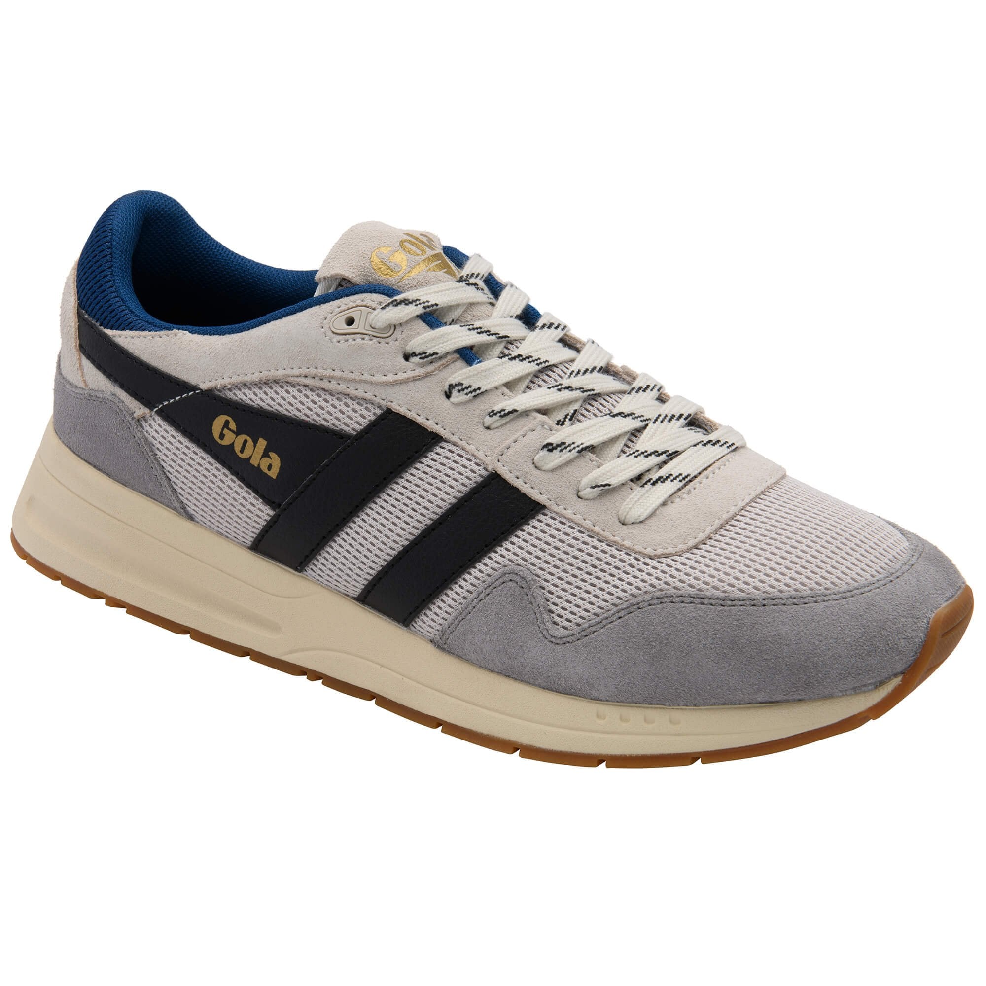 Gola men's trainer in off-white, grey, and blue with black stripes and a tan sole