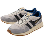 Grey and blue trainers with black stripes on a white background
