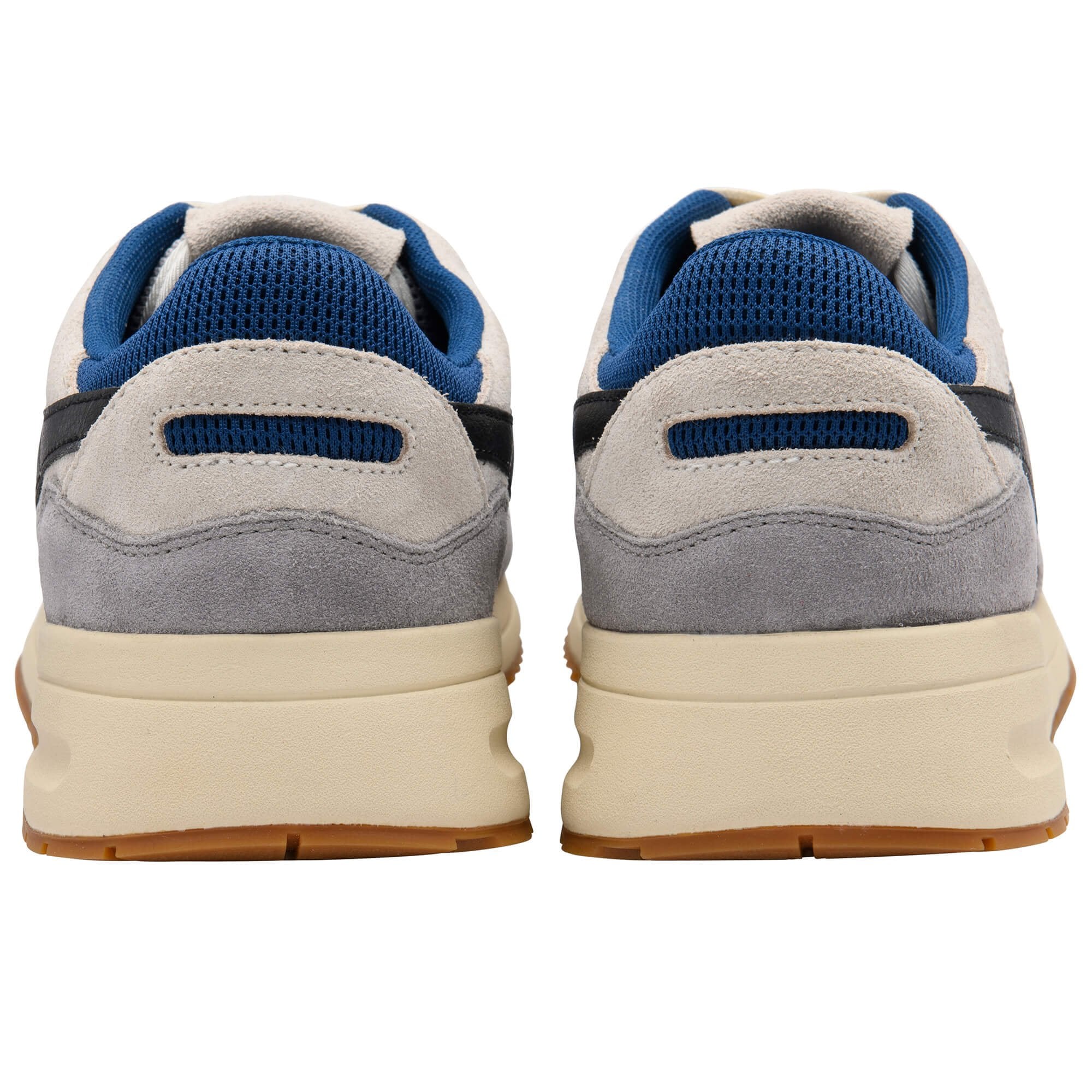 Pair of trainers with grey and blue colour scheme on a white background