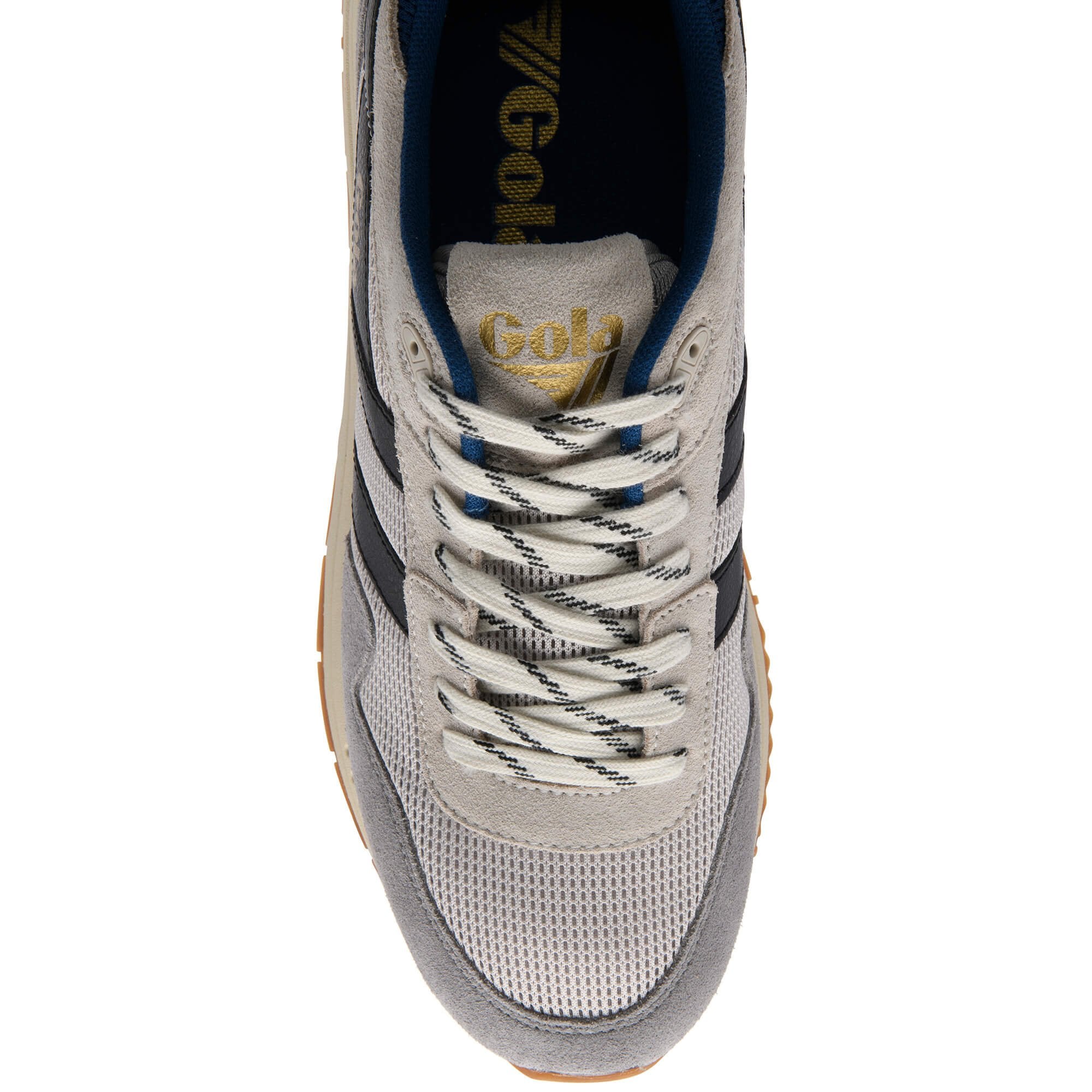 Grey trainer with white laces on a white background