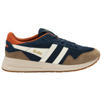 Navy and brown trainer with white stripes on a white background