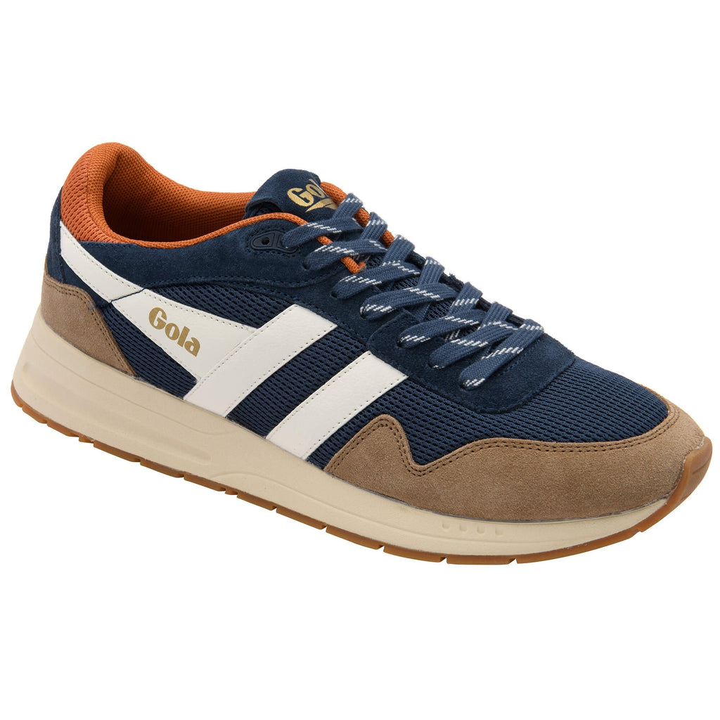 Navy and brown trainer with white stripe on a white background