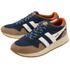 Pair of Gola sneakers in navy blue, tan, and white with orange lining