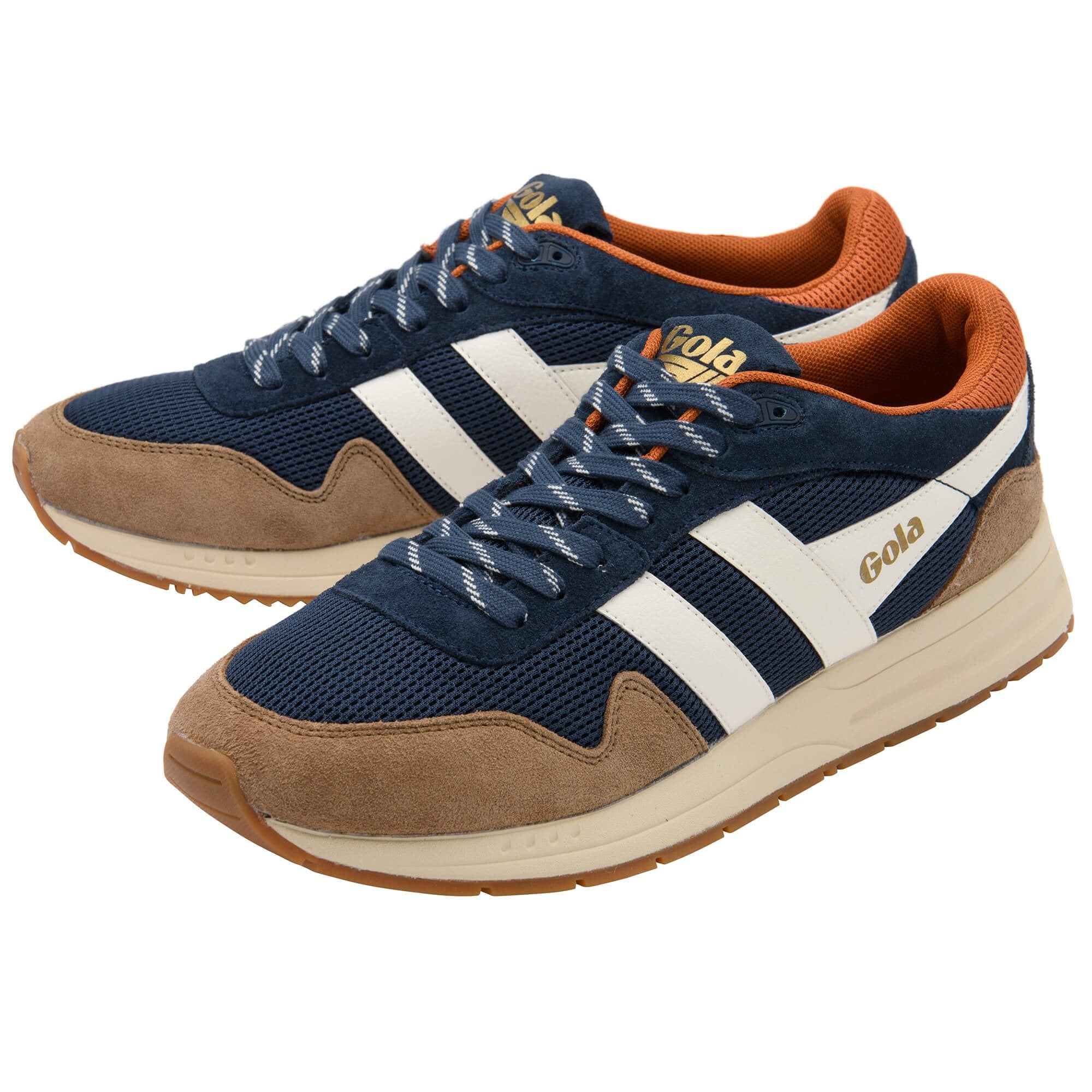 Pair of Gola sneakers in navy blue, tan, and white with orange lining