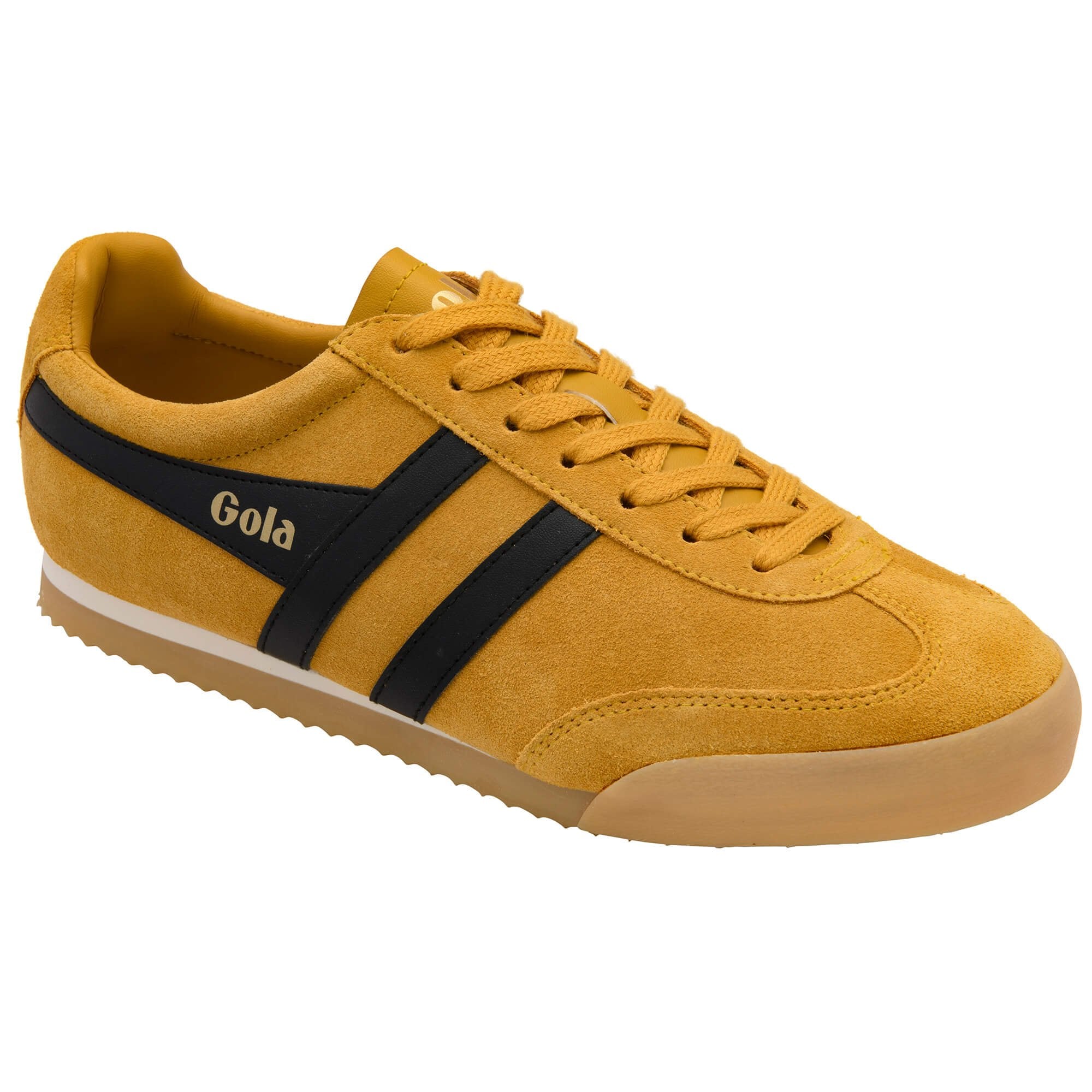 Yellow trainer with black stripes and 'Gola' branding on a white background