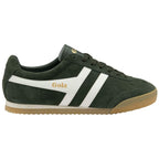 Green trainer with white stripes and gold 'Gola' logo on a white background