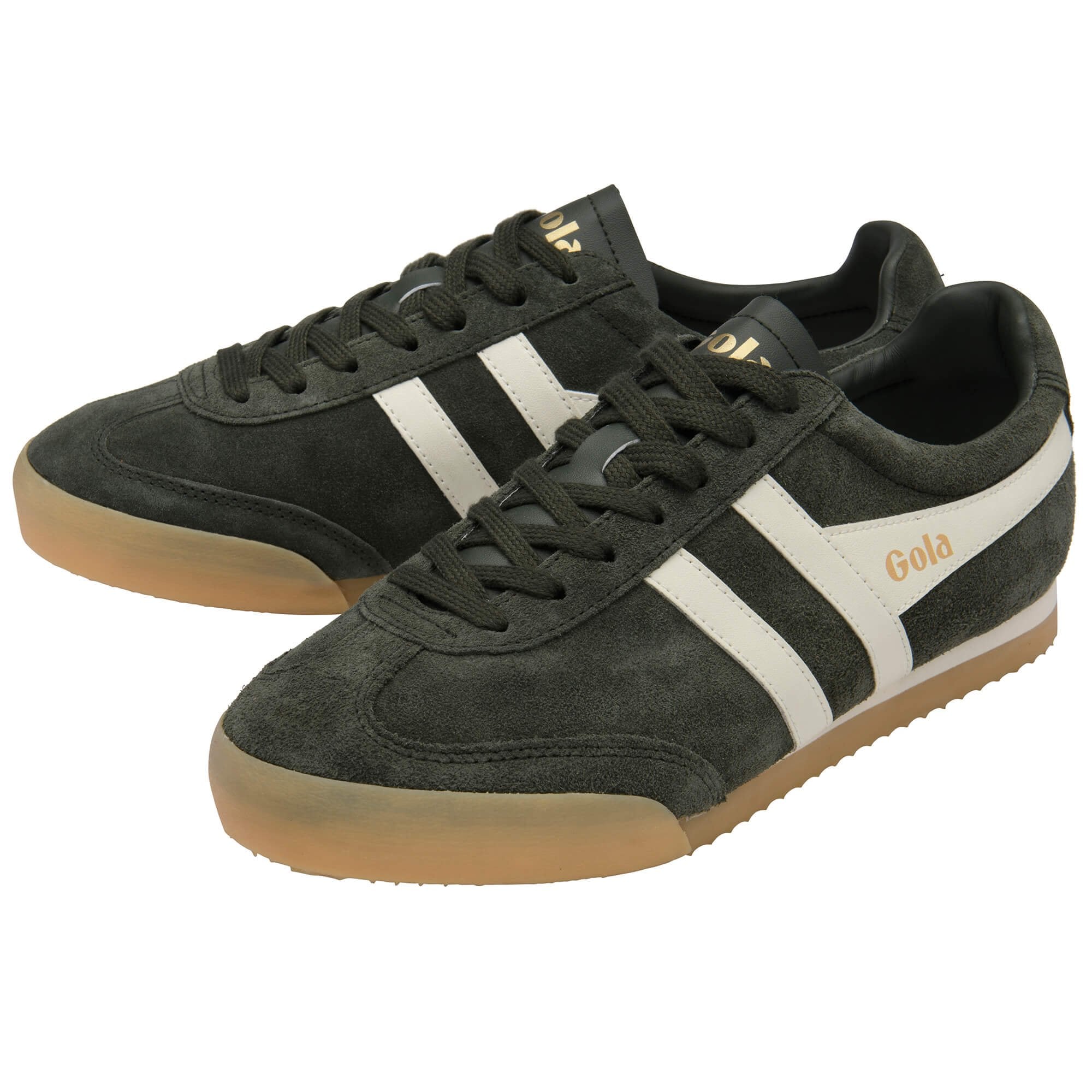 Pair of Gola Harrier suede trainers in dark green with white stripes and gum sole